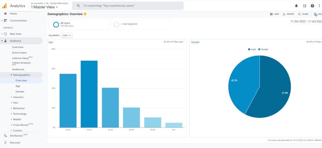 ภาพหน้าจอของ Google Analytics Demographics