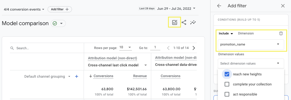 Filtre de comparaison de modèles GA4