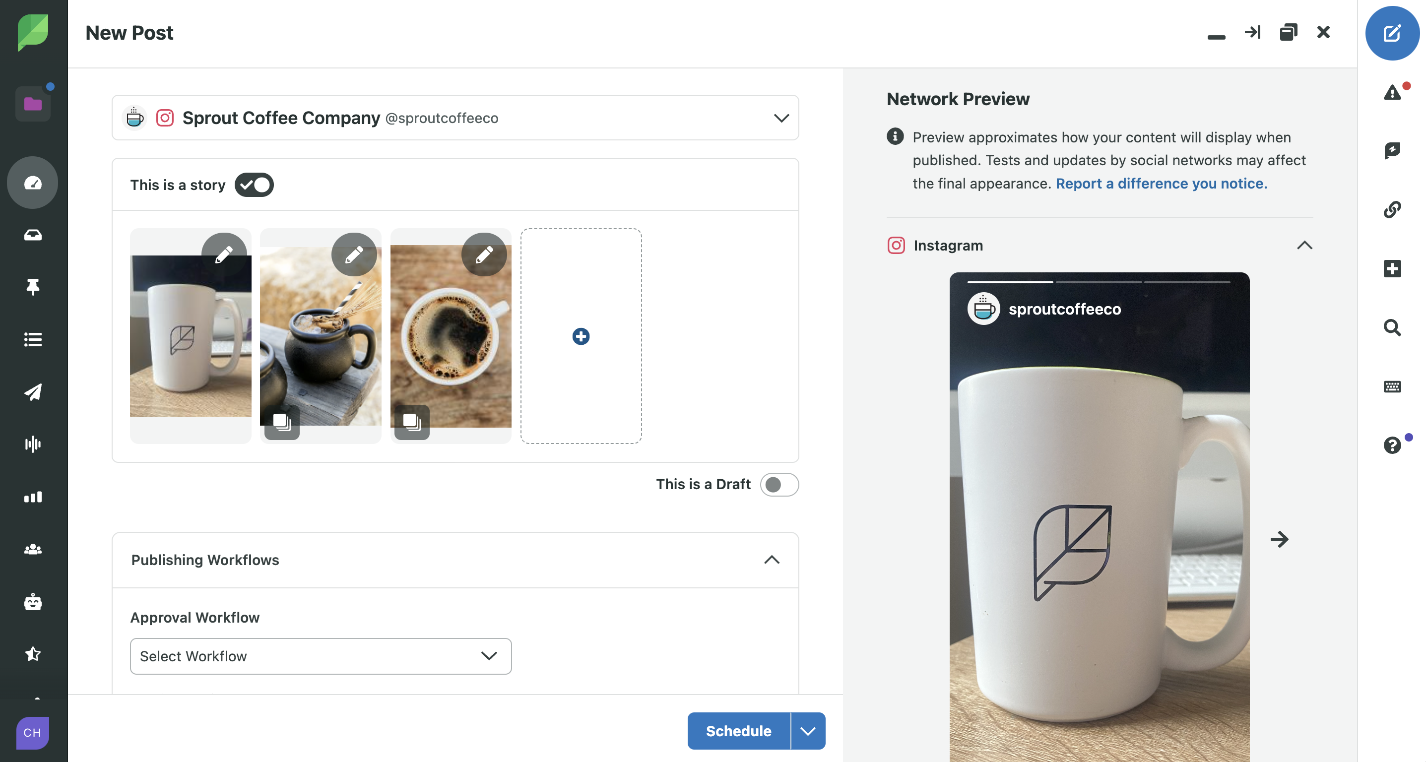 Canva에서 직접 Canva 이미지를 가져올 수 있고 Instagram Stories를 예약할 수 있음을 보여주는 Sprout의 도구 보기