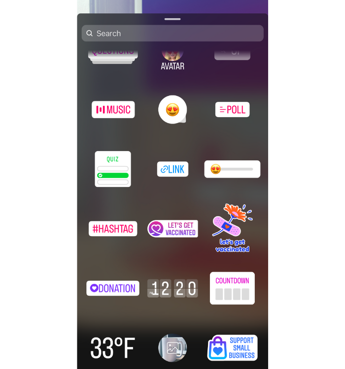 다양한 Instagram Story 스티커를 보여 주는 스크린샷