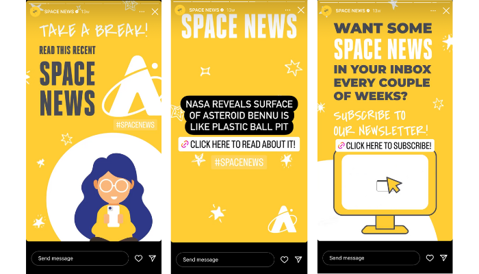 밝은 노란색 스토리 템플릿이 포함된 Adler Planetarium의 Instagram 스토리