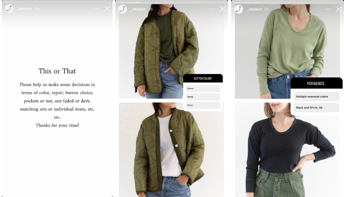 의류 브랜드 Rawson의 This or That 인스타그램 스토리 스크린샷