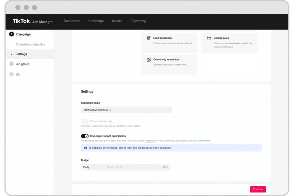 Captura de tela da otimização de orçamento da campanha TikTok Business
