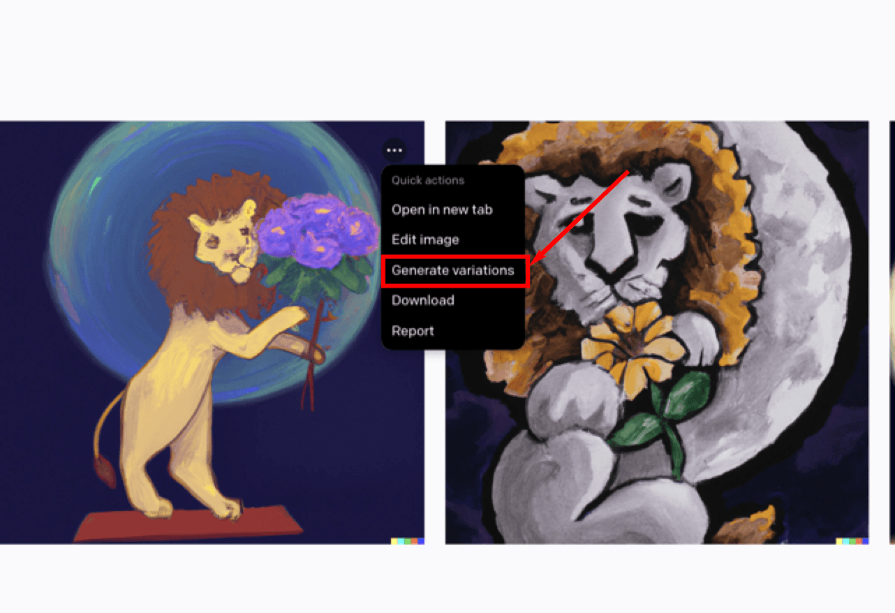 DALL-E'de "varyasyon oluştur düğmesini" vurgulayan resim.