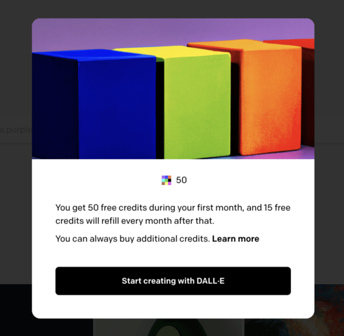 DALL-E'nin kredi sistemini açıklayan açılır pencere.