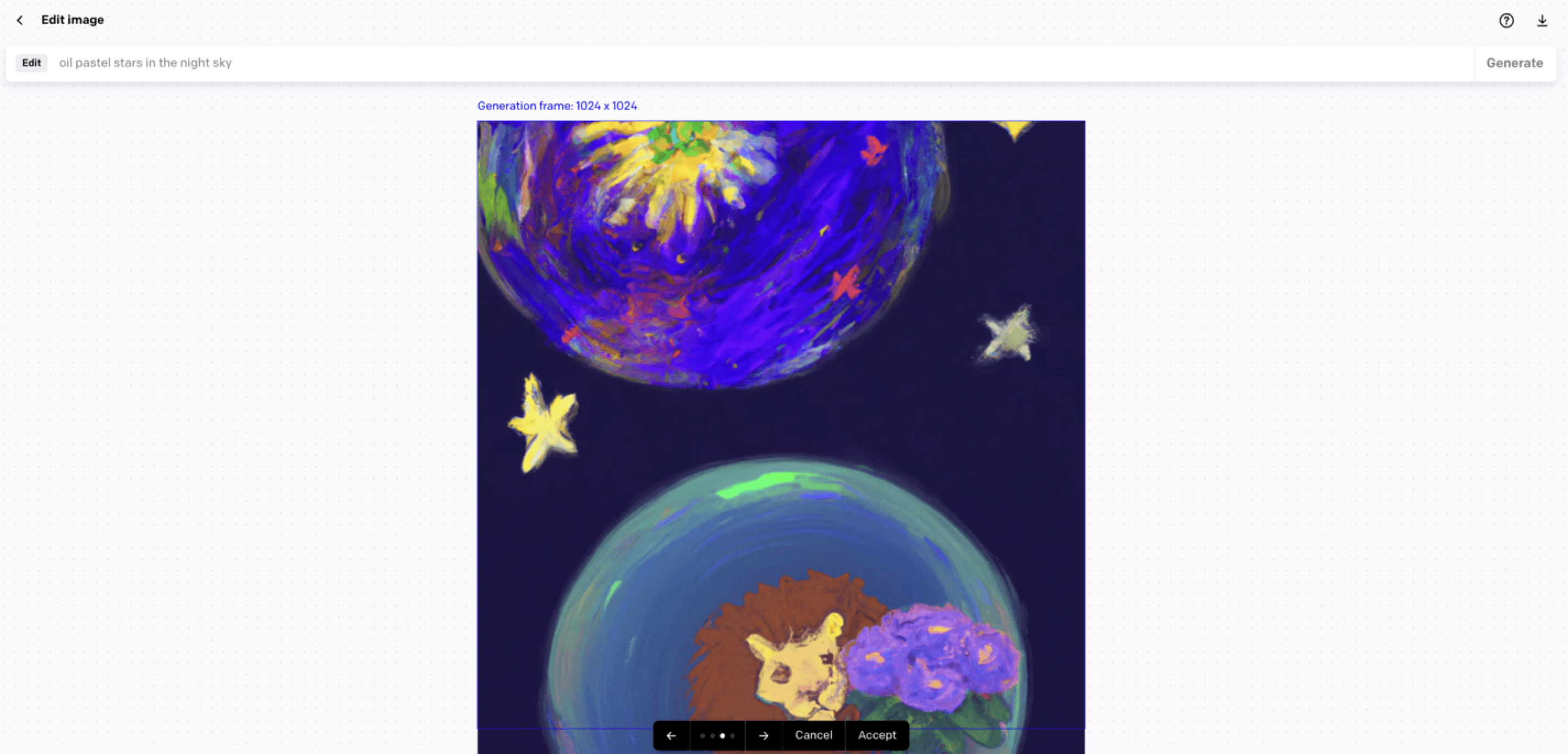 Bir oluşturma çerçevesi ve arama çubuğu içeren DALL-E görüntü düzenleyici örneği.