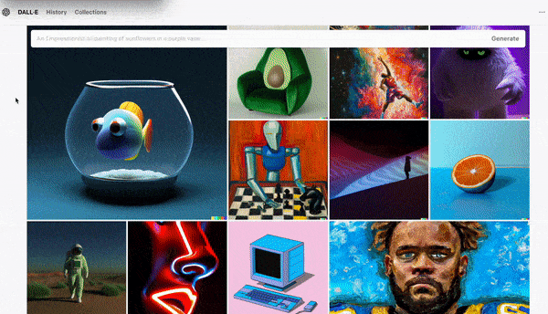 DALL-E web sitesindeki imleç kaydırma örnek resimlerinin GIF'i.