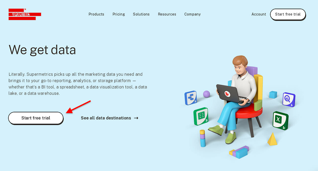 Supermetrics-Homepage mit Schaltfläche zum Starten der kostenlosen Testversion