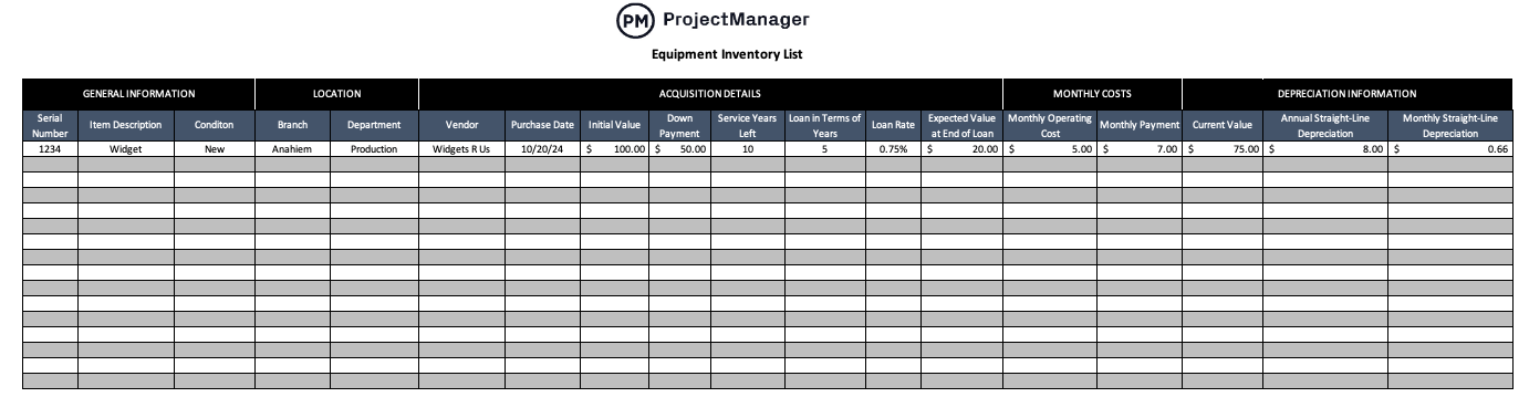 Modèle de liste d'inventaire d'équipement gratuit de ProjectManager