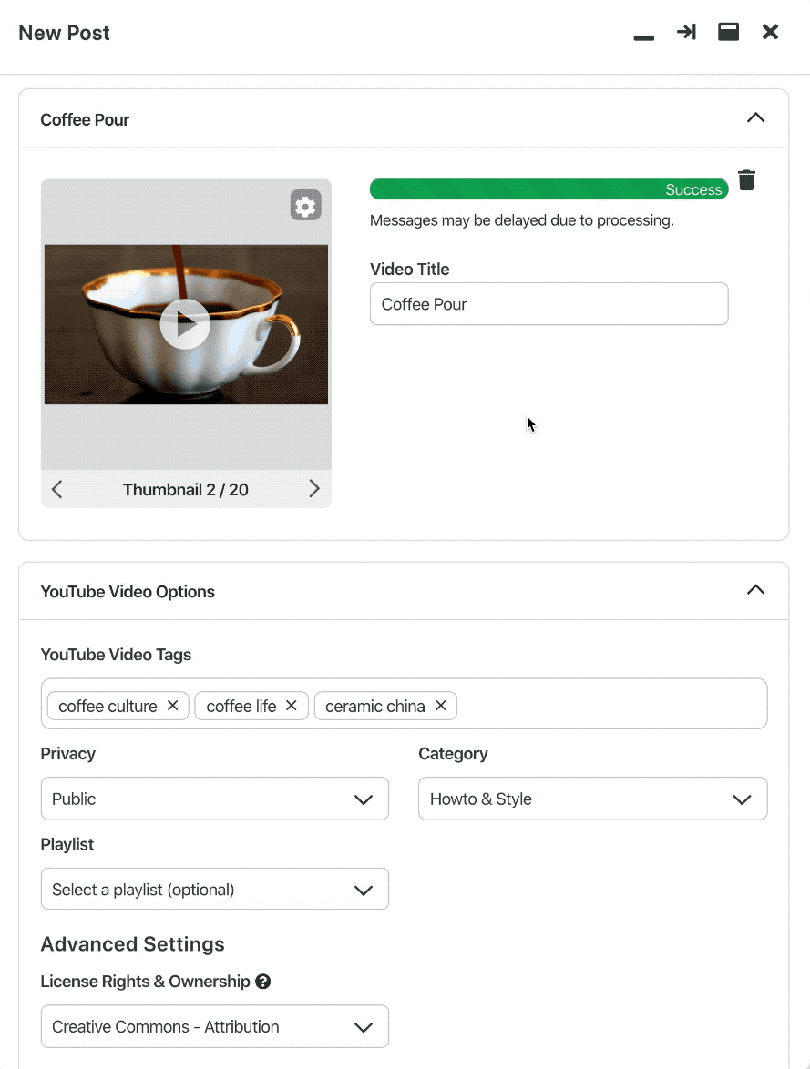 Gif yang mendemonstrasikan cara menjadwalkan video YouTube menggunakan Sprout Social.