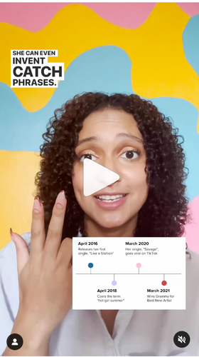 Reel Instagram Sprout yang menampilkan seorang karyawan dengan latar belakang dinding berwarna-warni saat dia menjelaskan premis artikel yang dia tulis tentang apa yang dapat dipelajari pemasar dari Megan Thee Stallion.