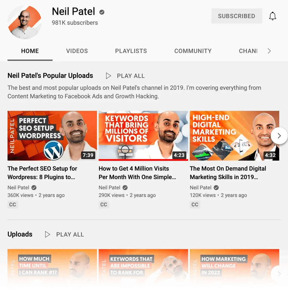 Neil Patel pe YouTube