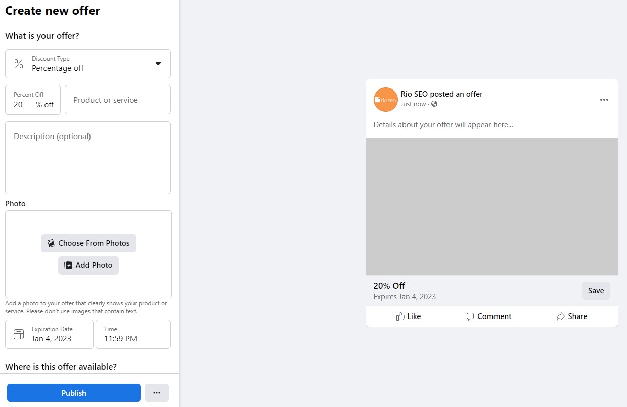 Suggerimenti per il marketing su Facebook, creazione di un nuovo esempio di offerta Facebook