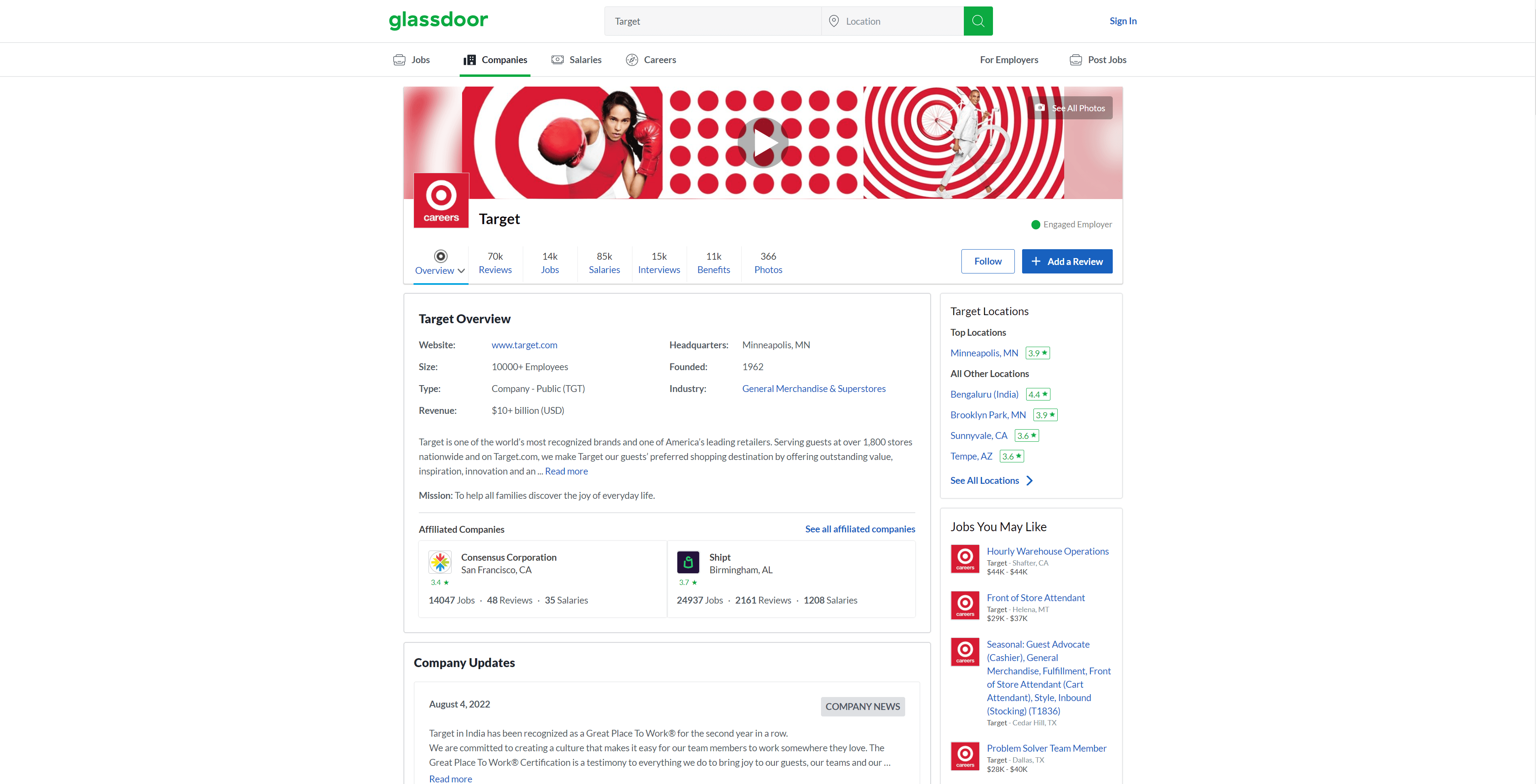 Page Glassdoor de la cible