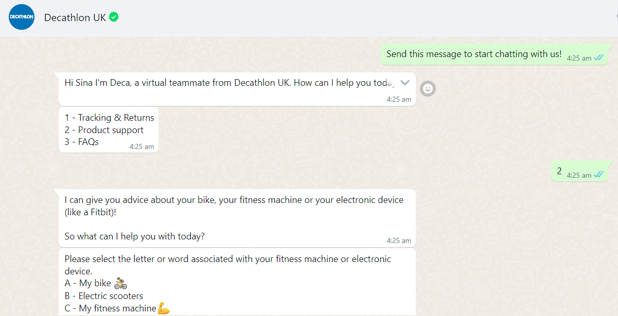 Exemplu de chat live decathlon whatsapp pentru afaceri