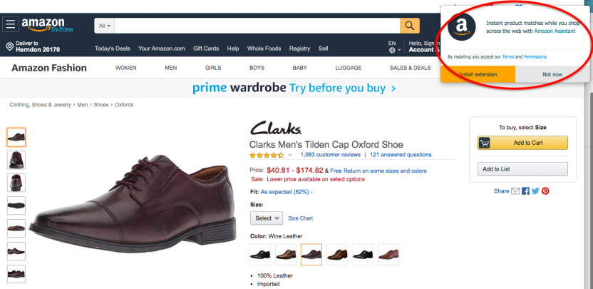 Amazon Assistant, который дает пользователям персонализированные рекомендации по продуктам от Amazon, пока они просматривают другие страницы в Интернете.