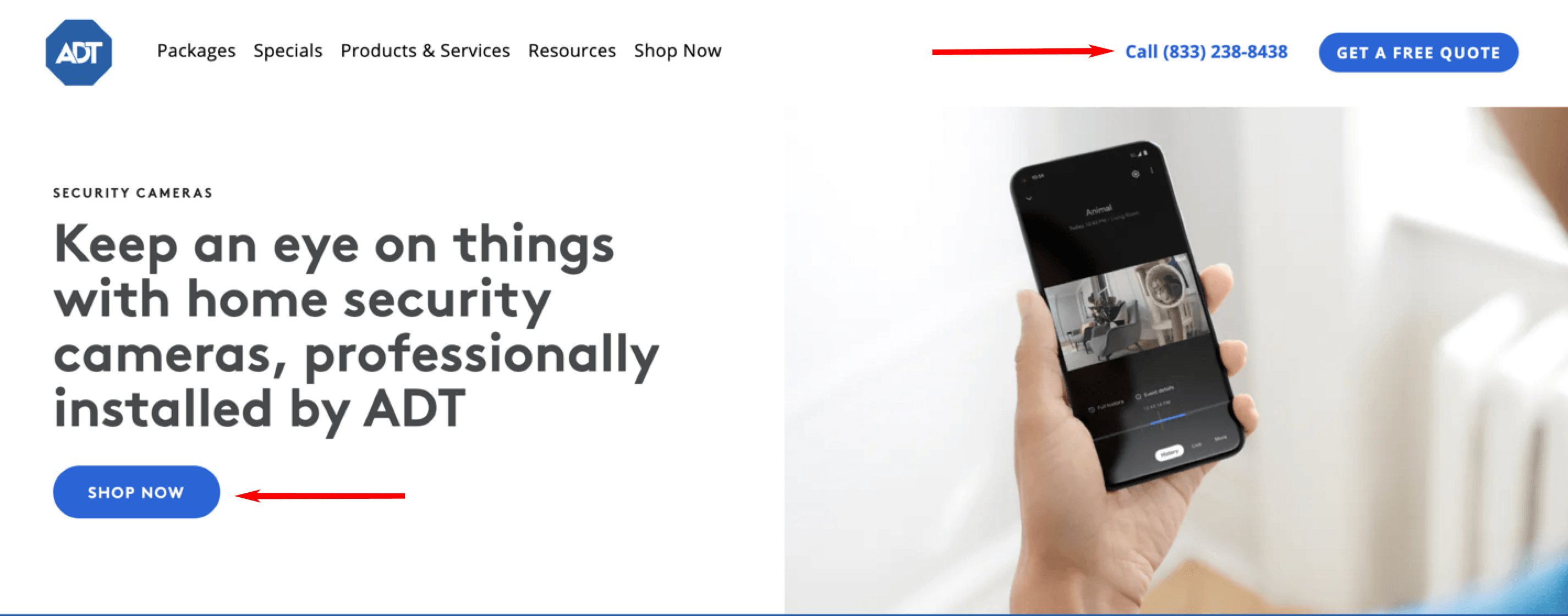 Esempio di invito all'azione dal sito web di ADT.