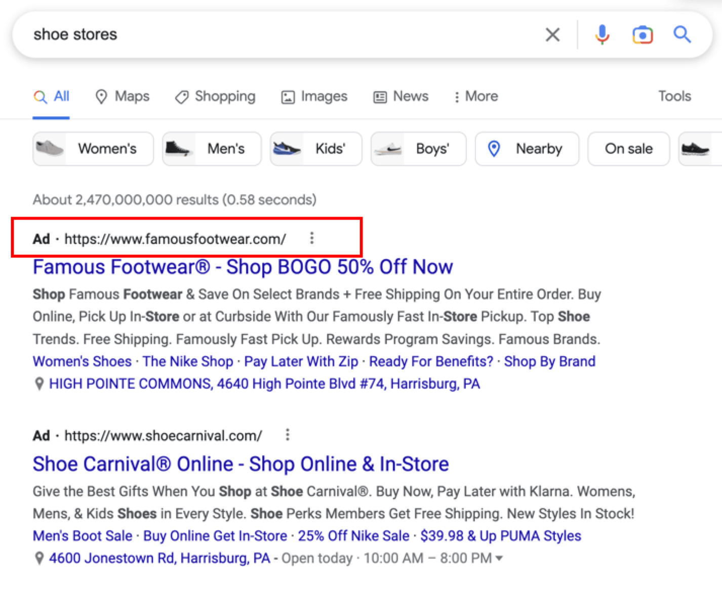 PPC SERP 배치의 스크린샷
