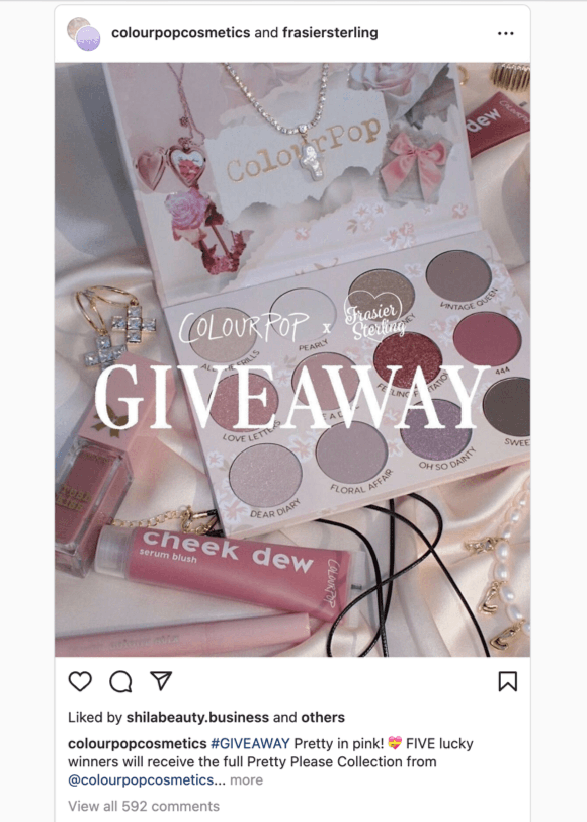 Publicación de Instagram de un sorteo asociado con ColourPop
