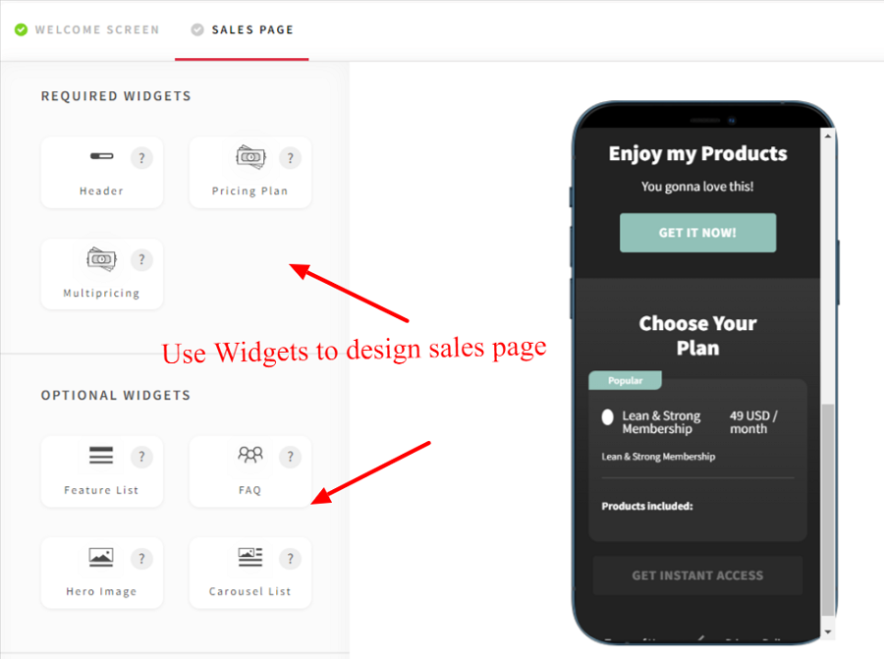 página de ventas de la aplicación