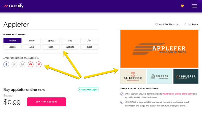 이름, 사이트 및 로고 제안이 포함된 Namify 사이트의 스크린샷