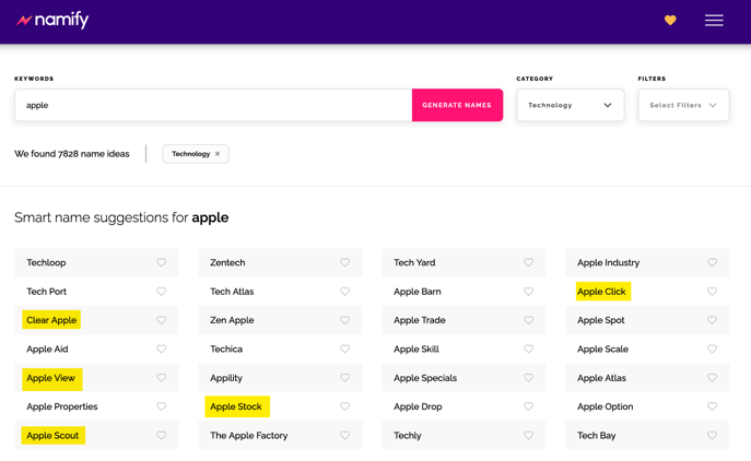 "apple"이 포함된 이름에 대한 제안이 포함된 Namify 사이트의 스크린샷