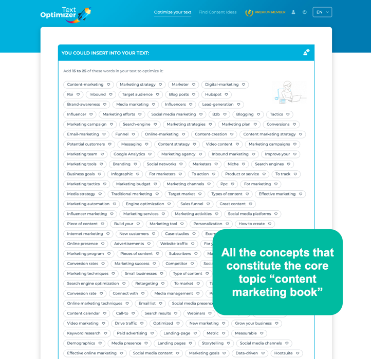 추가할 키워드의 예가 포함된 Text Optimizer 사이트 스크린샷