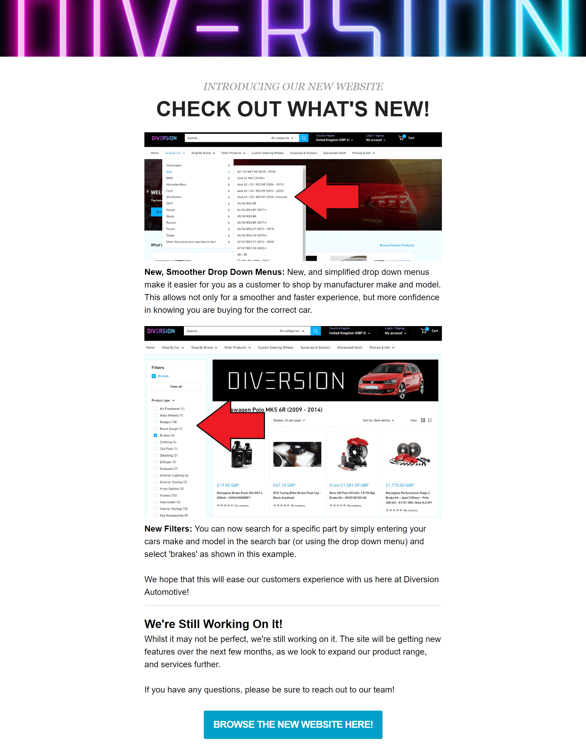 Annonce des nouvelles fonctionnalités du site Web de Diversion Automotive Diversion Automotive new website features campaign