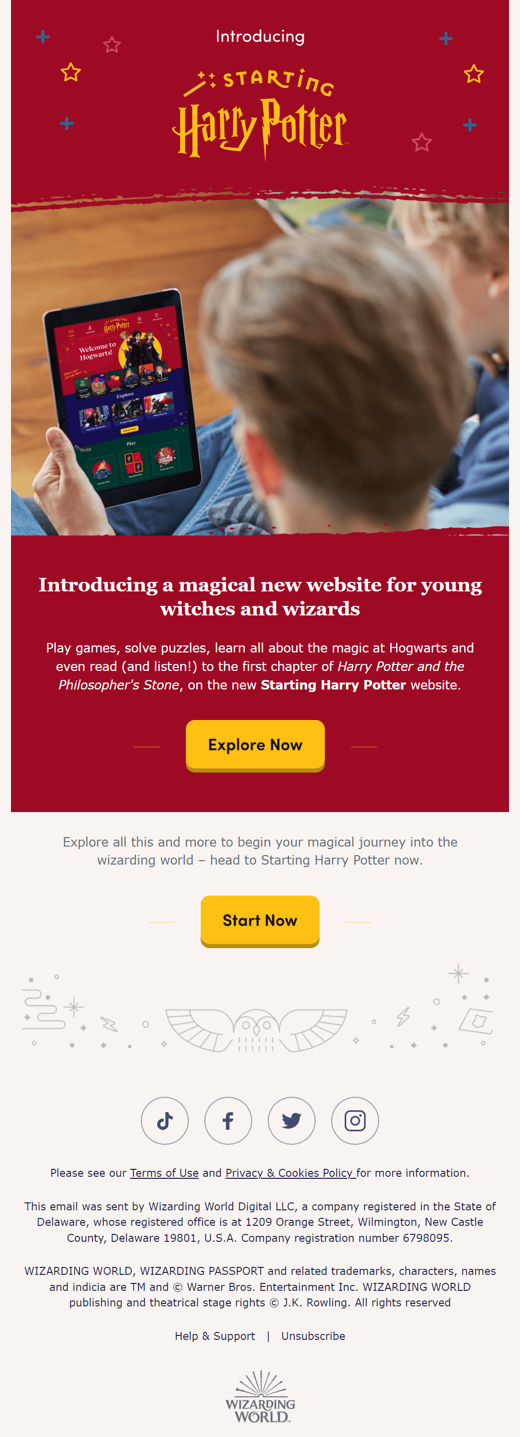 e-mail d'annonce du nouveau site Web du Harry Potter Club new website announcement email