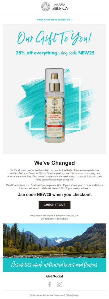 Courriel de refonte du nouveau site Web de Natura Siberica Natura Siberica new website redesign email