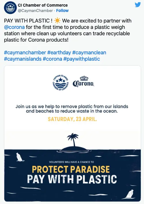 Screenshot of a Corona tweet promoting #PayWithPlastic.