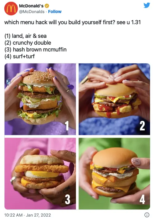 Image of a tweet by McDonald's featuring menu hacks created by fans.