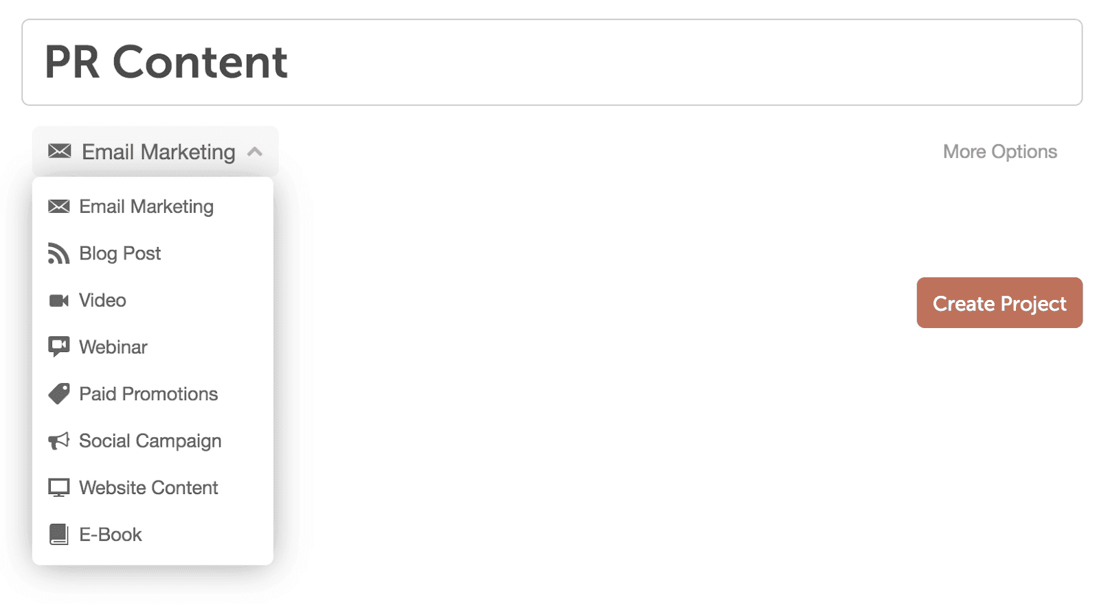 Menu a discesa di diversi canali di contenuti PR.