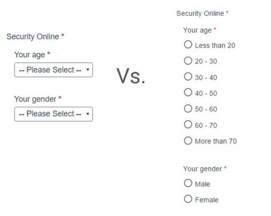 przykład wyboru wielokrotnego a przycisku radiowego w formularzu.