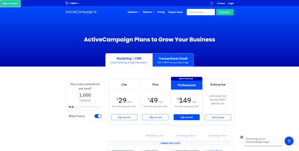 ActiveCampaign 定价页面的屏幕截图