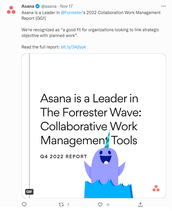 Asana 关于其使命和目的的推文截图