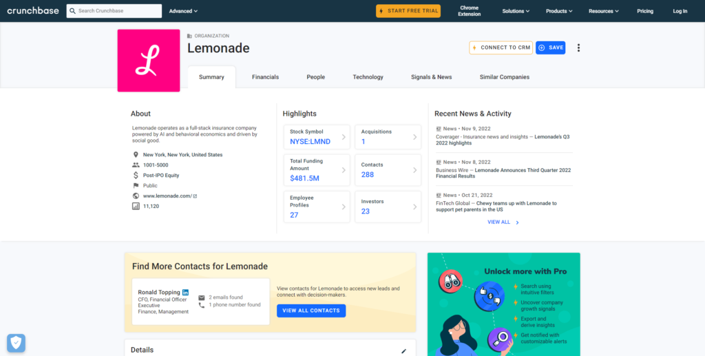 CrunchBase 上 Lemonade 公司信息截图