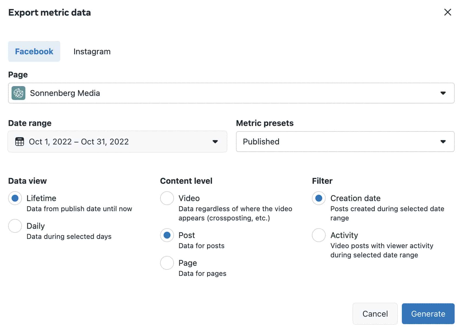 Meta Business Suite - raporu dışa aktarma