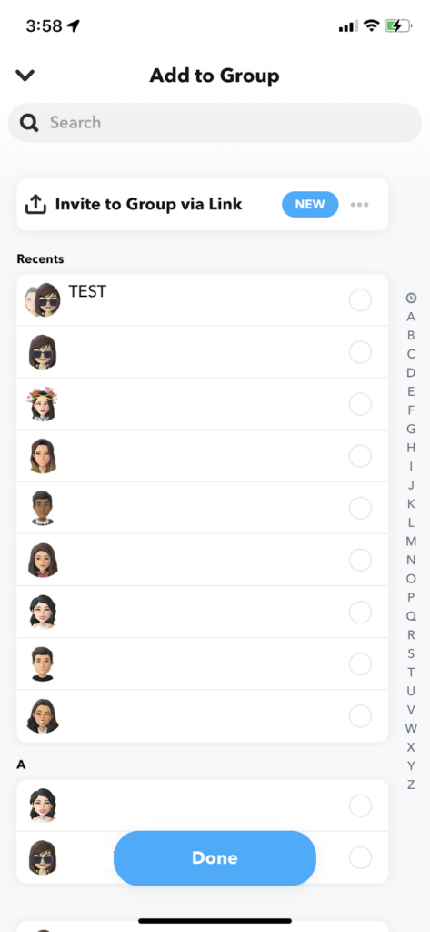 ปุ่ม "เพิ่มลงในกลุ่ม" / Snapchat