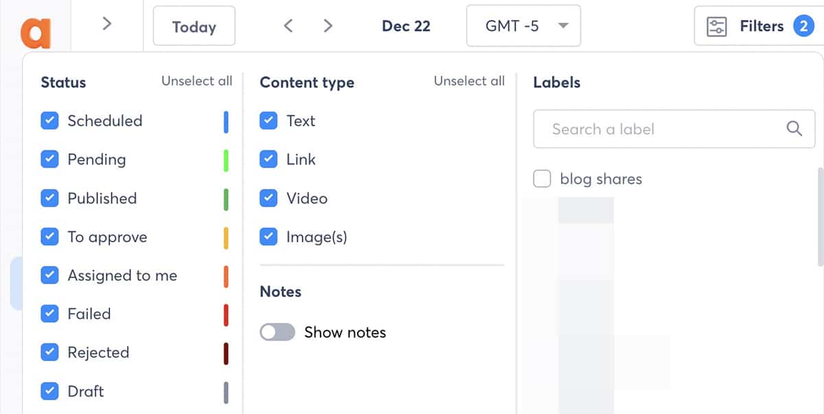 Agorapulse - фильтры календаря