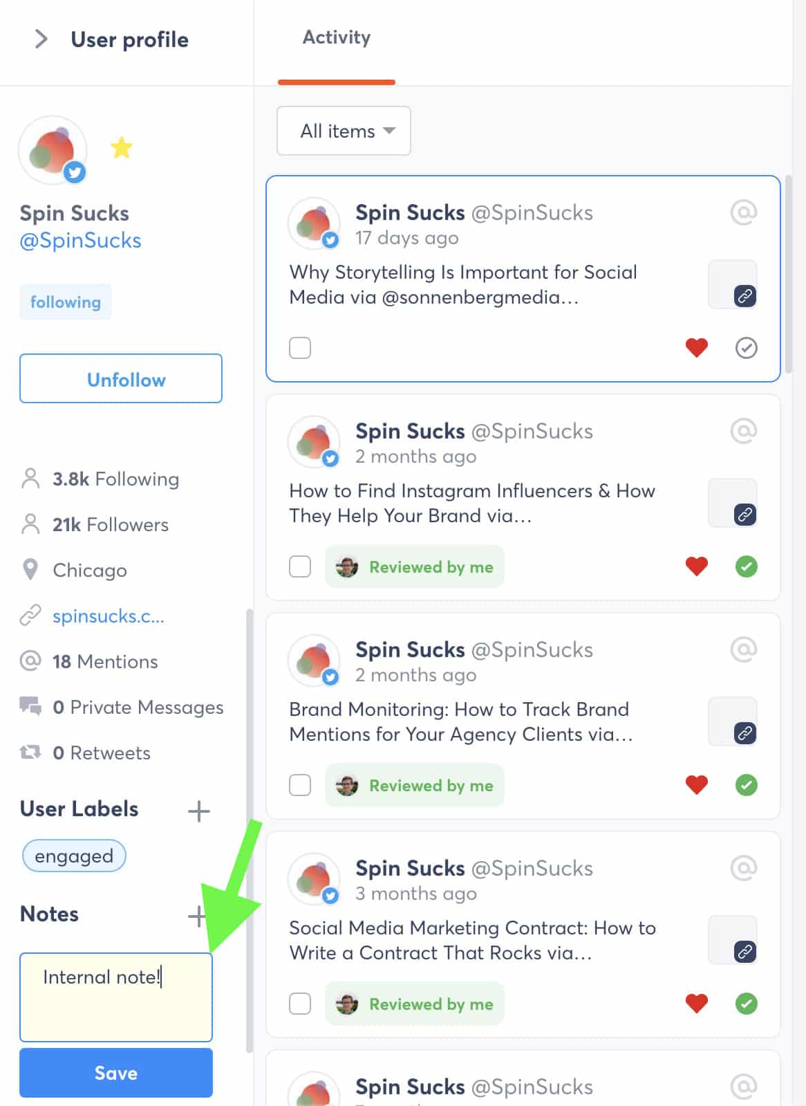 Agorapulse - входящие - внутренняя заметка