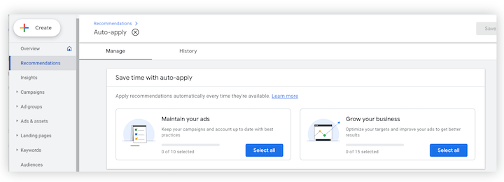 Google Ads Optionen zur automatischen Anwendung von Empfehlungen