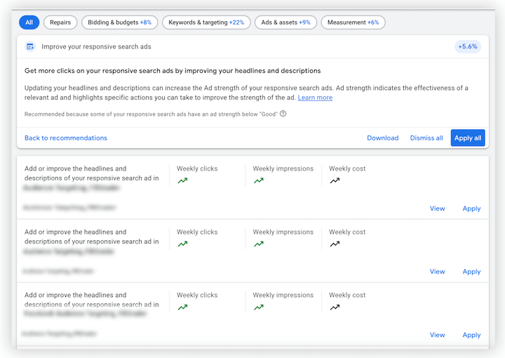 Google Ads-Empfehlungen – manuelles Überprüfungsfenster