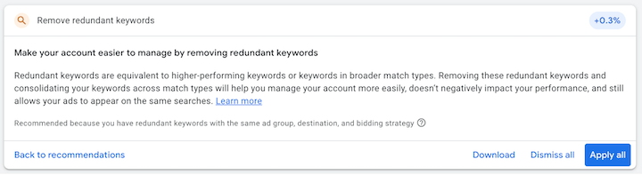 Empfehlung von Google Ads zum Entfernen überflüssiger Keywords