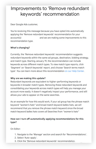 Google Ads-E-Mail über die Änderung der Empfehlung zum Entfernen redundanter Keywords