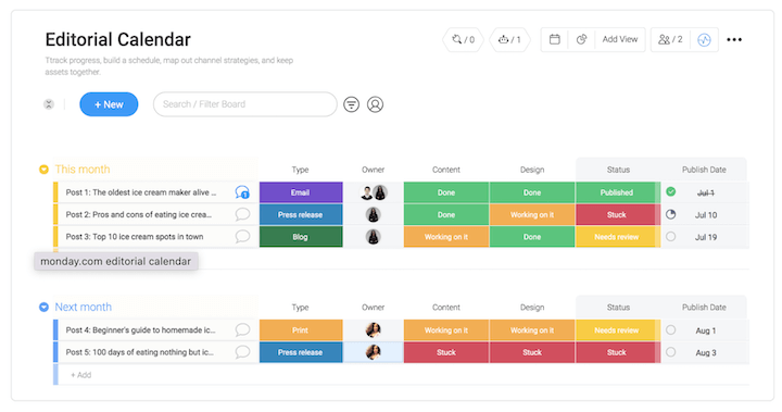 ตัวอย่างปฏิทินกองบรรณาธิการภายในวันจันทร์
