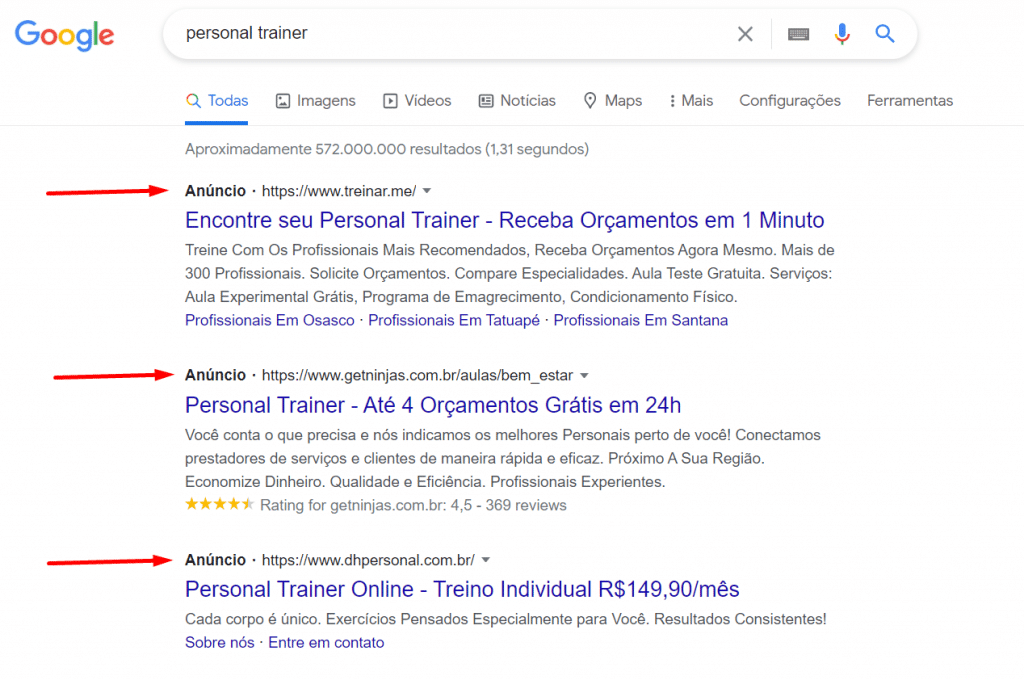 Google Ads：tela mostrando anuncios da pagina initial de busca do Google