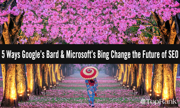 5 moduri în care Bard de la Google și Bing de la Microsoft schimbă viitorul femeii SEO care se plimbă într-o pădure de flori violete