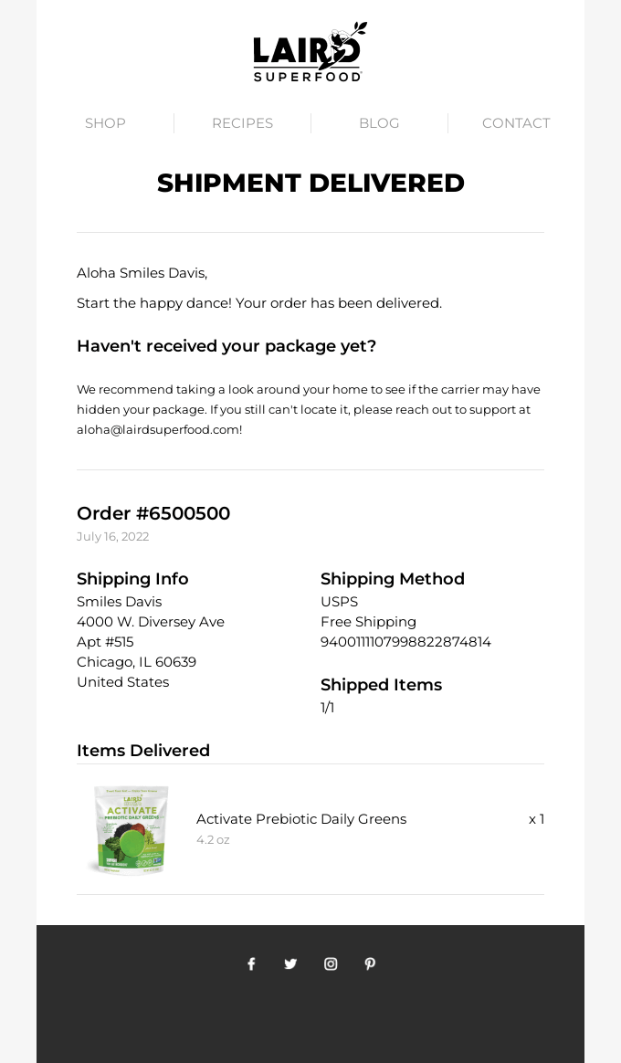 Kampania e-mailowa Laird Superfood Laird Superfood email campaign