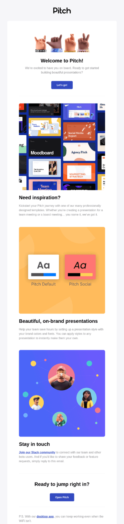 Przykład powitalnego e-maila Pitch welcome email example
